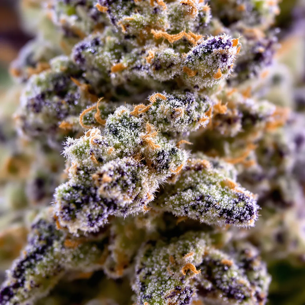 Manitoba Poison cannabis bud close-up showing balanced bud structure with frosted trichomes