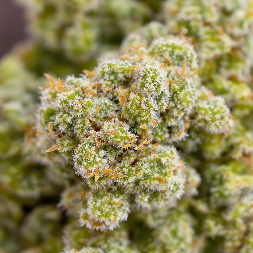 Moonshine Haze cannabis bud close-up showing lime-green airy structure