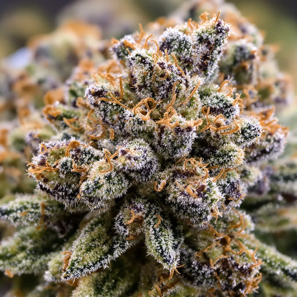 Northern Lights cannabis bud close-up showing dense purple-tinged calyxes