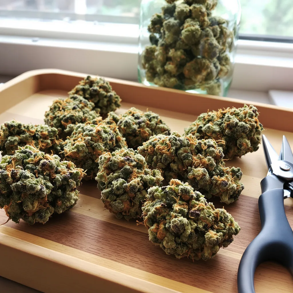 Pandora’s Box 60% indica / 40% sativa flower with visible trichomes