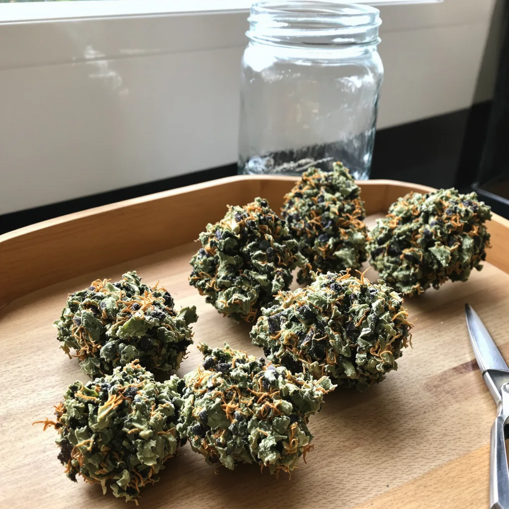 Peanut Butter Breath 70% indica / 30% sativa flower with visible trichomes