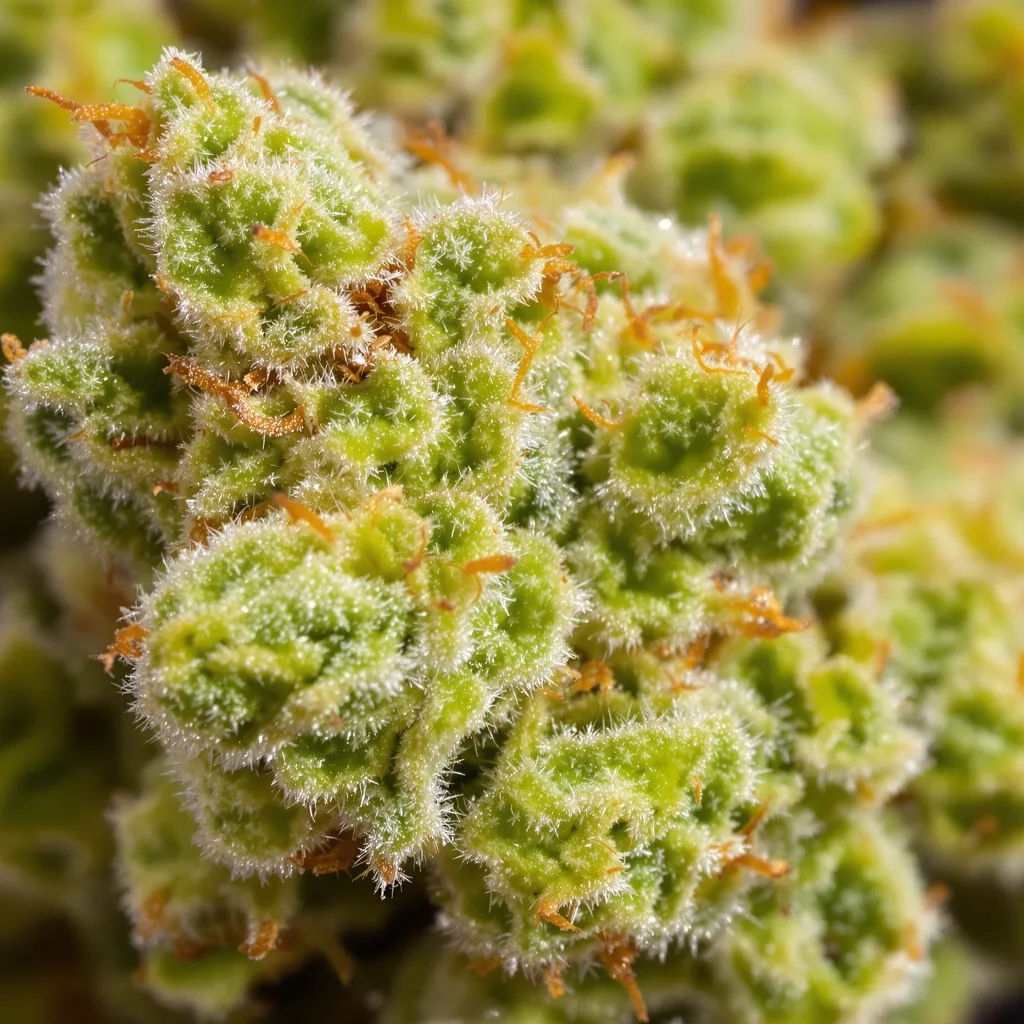 Pincher's Creek cannabis bud close-up showing lime-green airy structure
