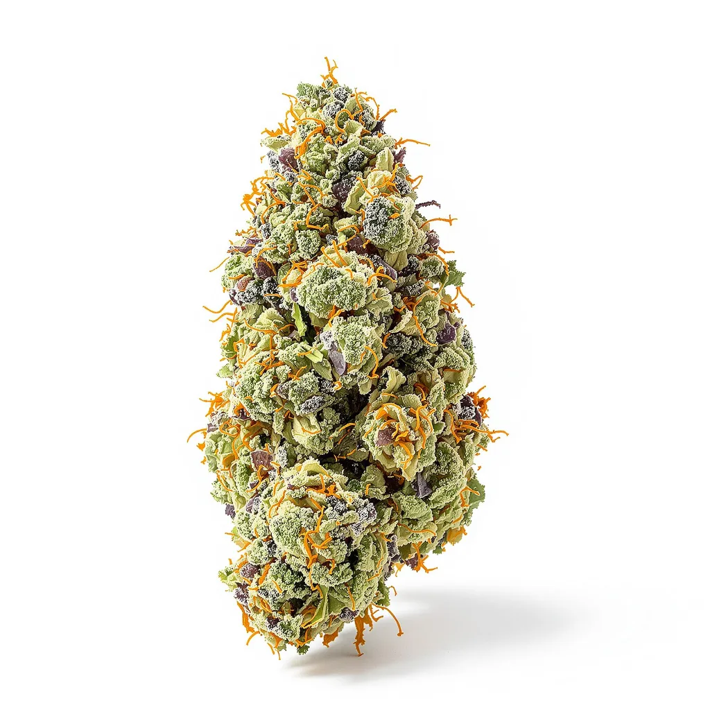 Pink Mango 48% indica / 52% sativa flower with visible trichomes