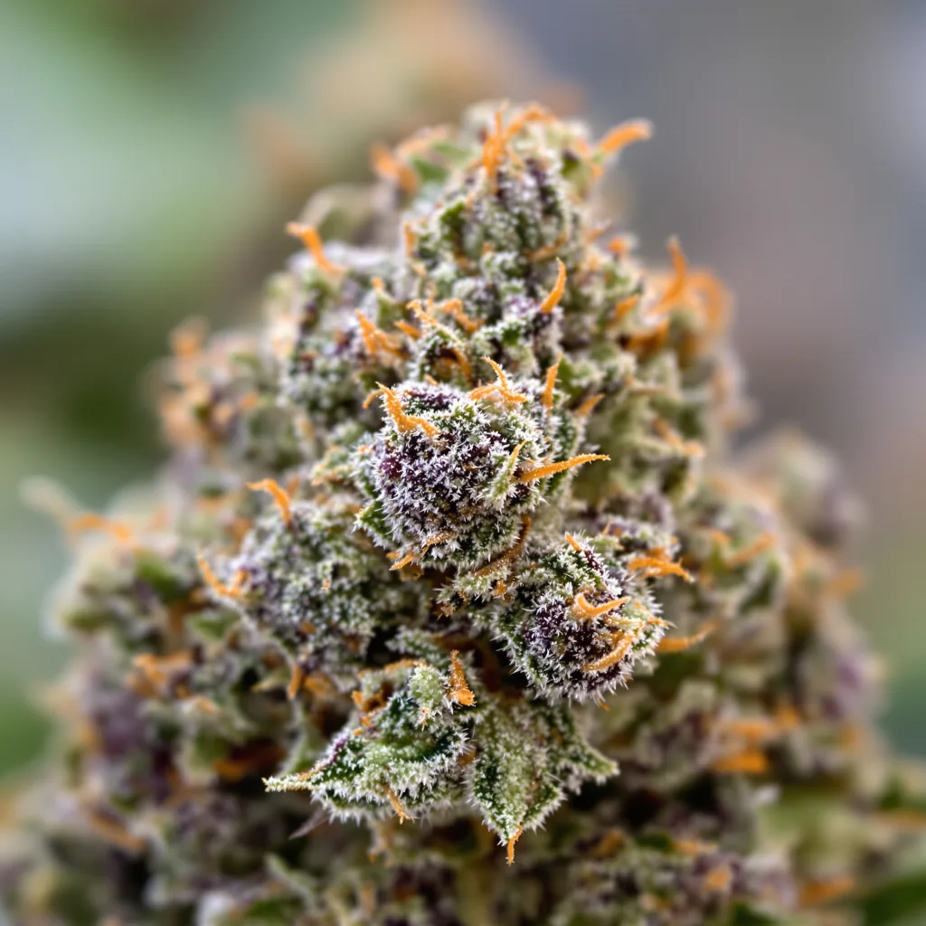 Platinum Purple Kush cannabis bud close-up showing dense purple-tinged calyxes