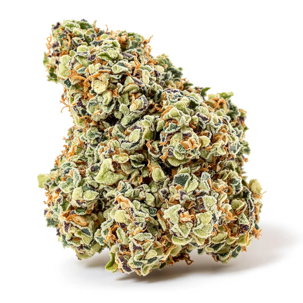 Plushberry 36% indica / 64% sativa flower with visible trichomes