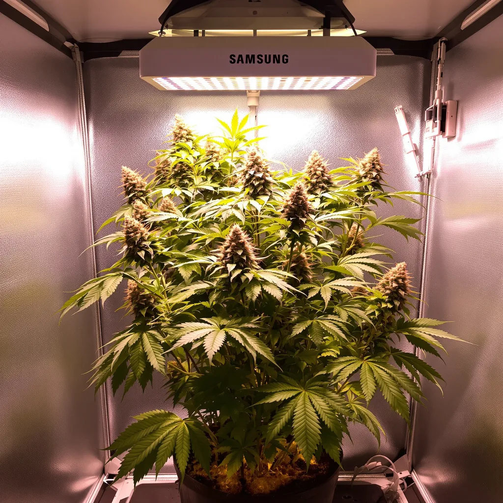 Popcorn Kush cannabis plant in flowering stage — 90-120 cm. Medium feminised