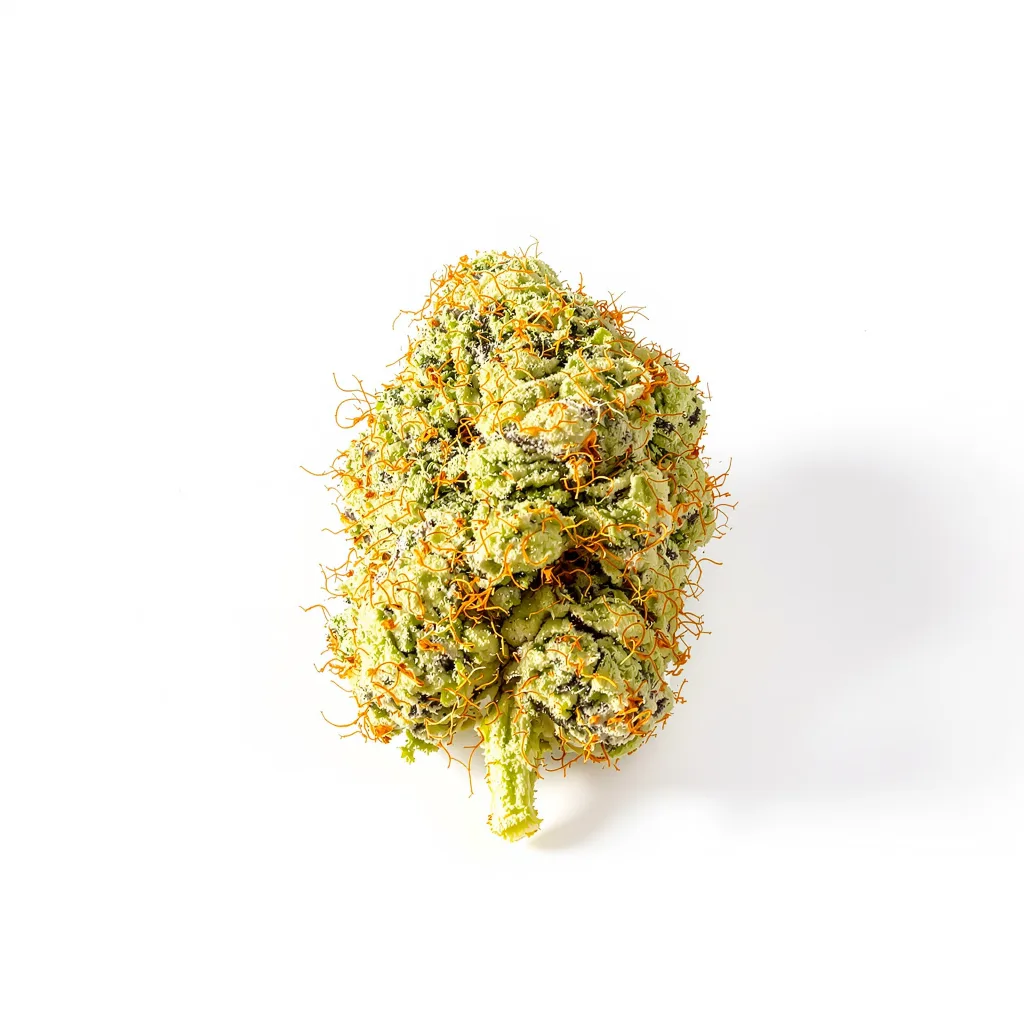 Project Blue Book 12% indica / 88% sativa flower with visible trichomes