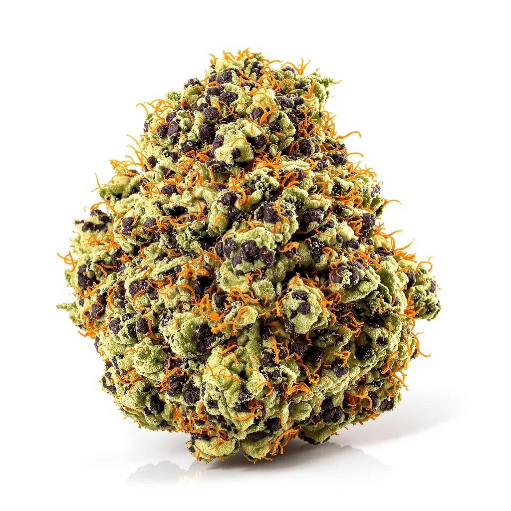 Purple Cotton Candy 79% indica / 21% sativa flower with visible trichomes
