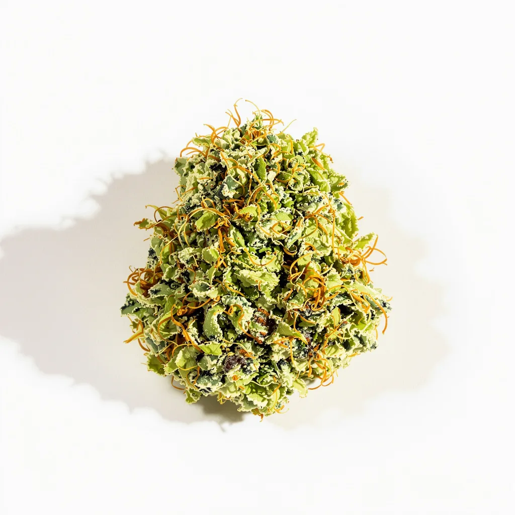 Purple Haze 16% indica / 84% sativa flower with visible trichomes