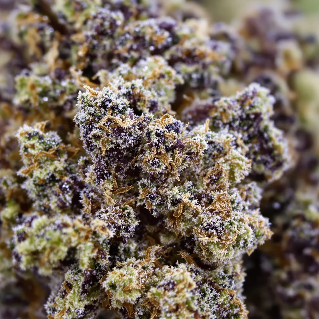 Purple Hindu Kush cannabis bud close-up showing dense purple-tinged calyxes