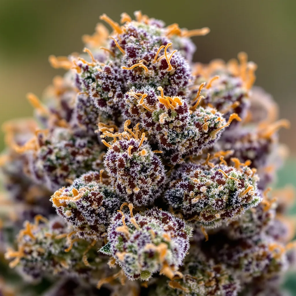 Purple Kush cannabis bud close-up showing dense purple-tinged calyxes