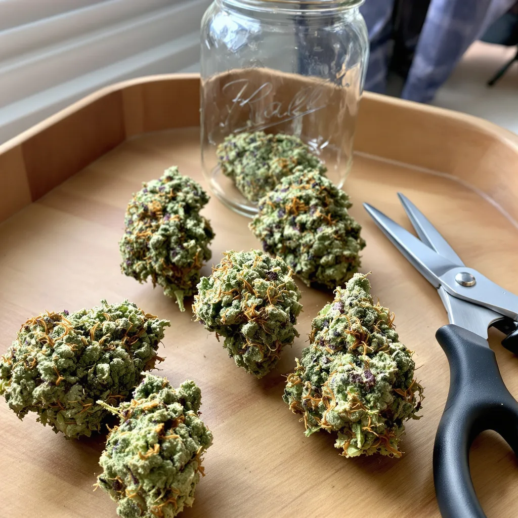 Purple Nepal Candy 39% indica / 61% sativa flower with visible trichomes
