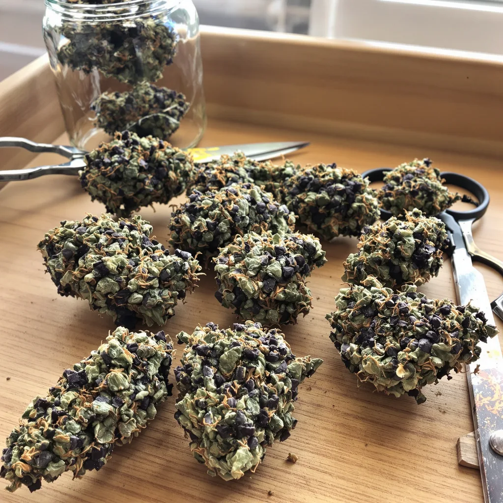Purple People Eater 65% indica / 35% sativa flower with visible trichomes