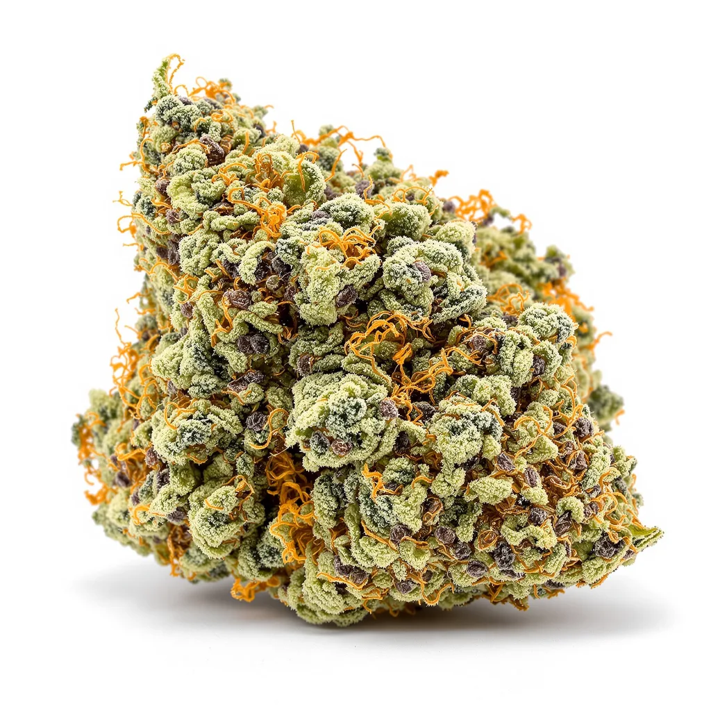 Red Widow 47% indica / 53% sativa flower with visible trichomes