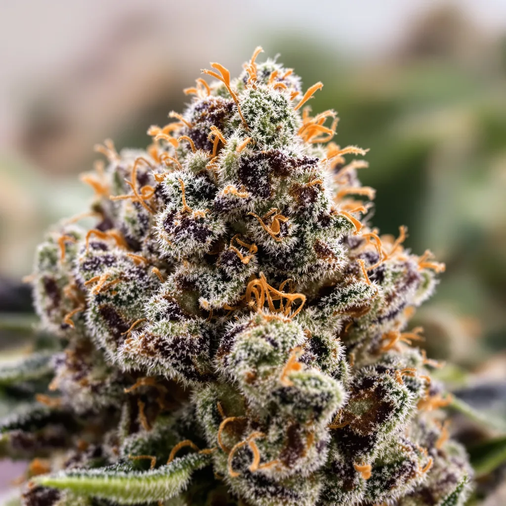 Reserve L.A.K. Federal cannabis bud close-up showing dense purple-tinged calyxes