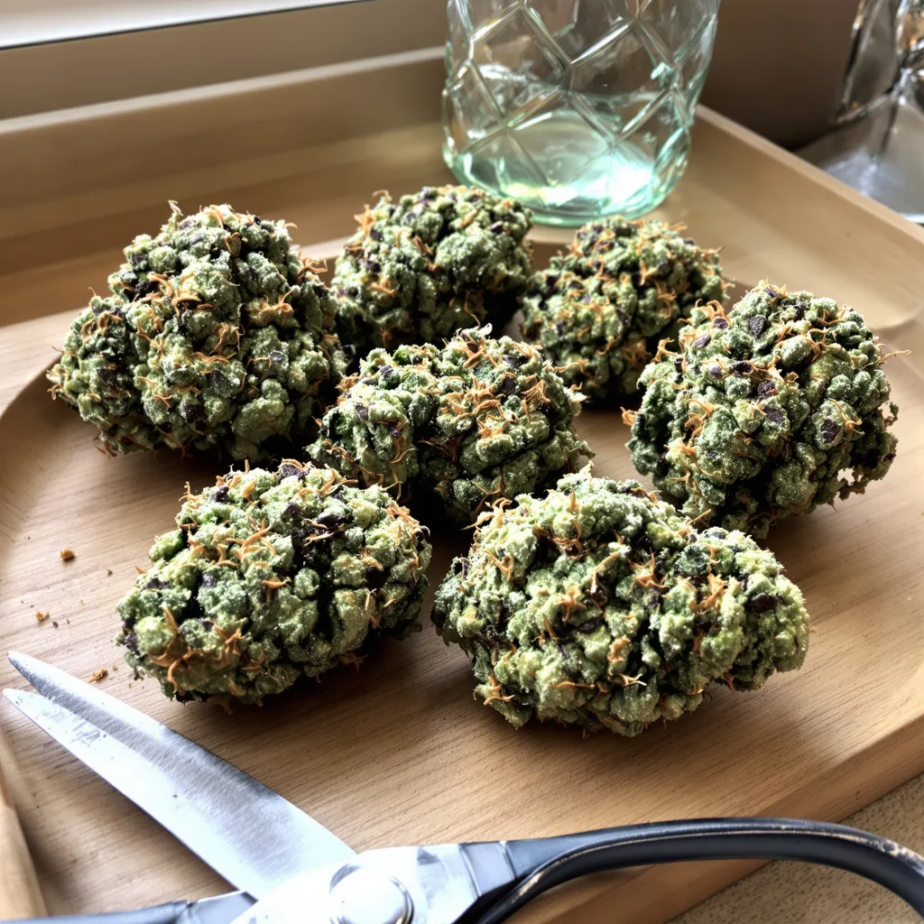 Shiatsu Kush 50% indica / 50% sativa flower with visible trichomes