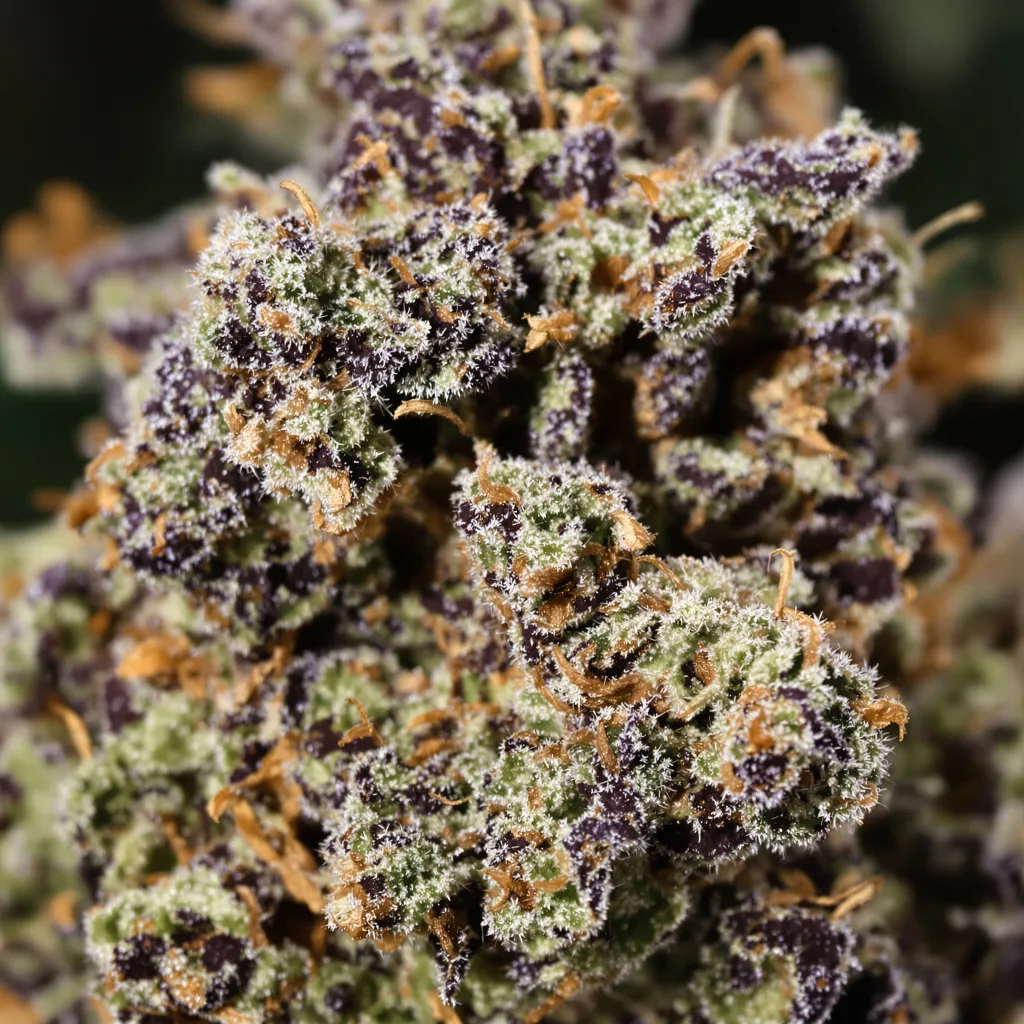 Sin City Kush cannabis bud close-up showing dense purple-tinged calyxes