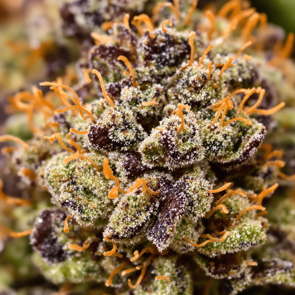 Skunk Diesel cannabis bud close-up showing dense purple-tinged calyxes