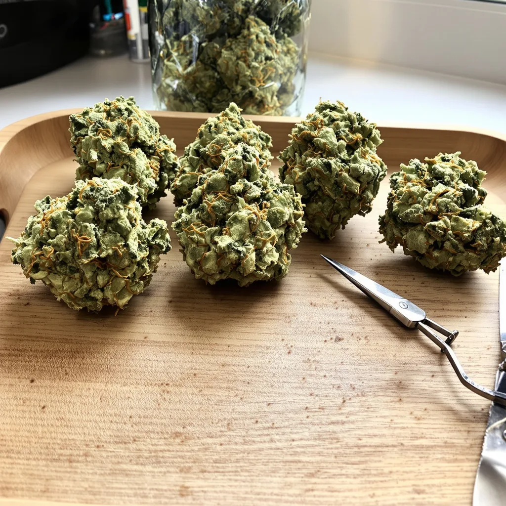 Sour Tsunami CBD 56% indica / 44% sativa flower with visible trichomes