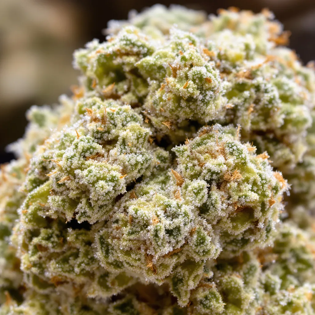 Stephen Hawking Kush CBD cannabis bud close-up showing pale-green low-resin flower