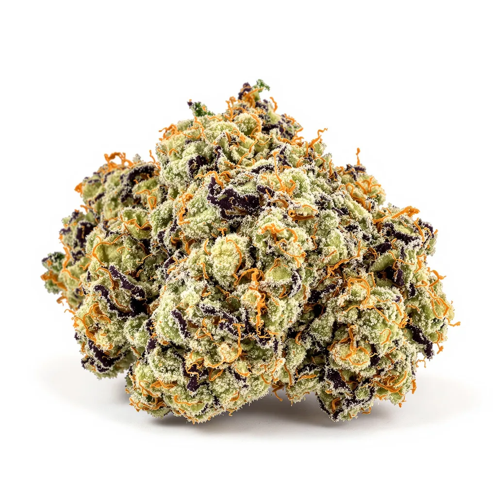 Strawberry Cheese 56% indica / 44% sativa flower with visible trichomes