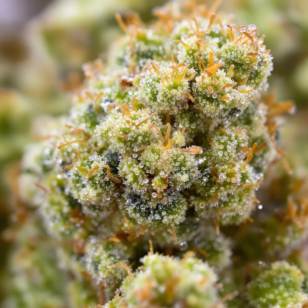 Strawberry Cough cannabis bud close-up showing lime-green airy structure