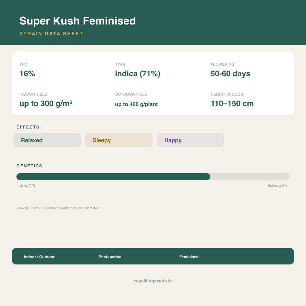 Super Kush 71% indica / 29% sativa flower with visible trichomes