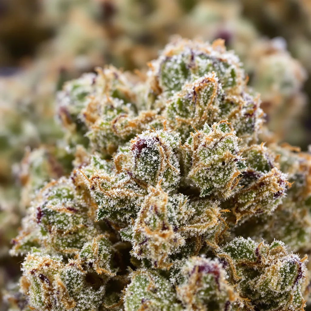 Sweet Nina cannabis bud close-up showing balanced bud structure with frosted trichomes