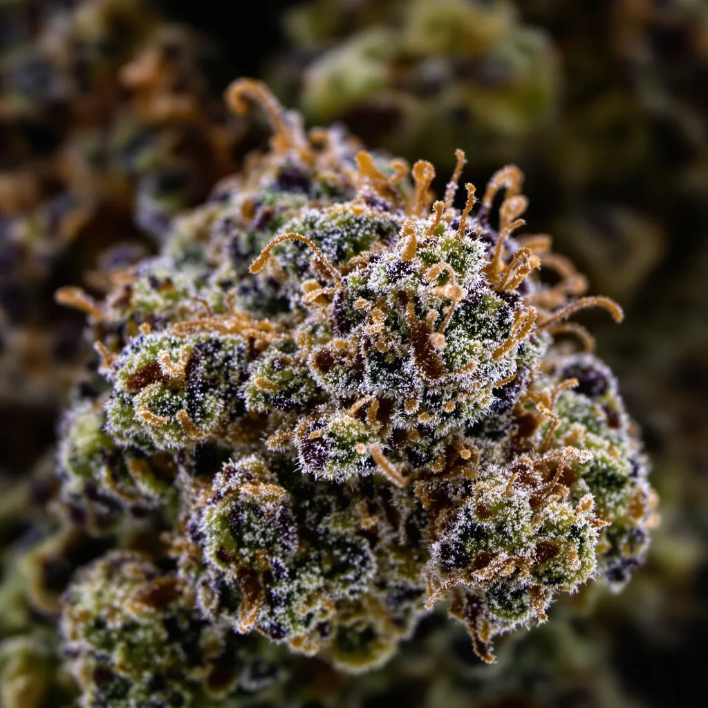 Tangerine Kush cannabis bud close-up showing dense purple-tinged calyxes