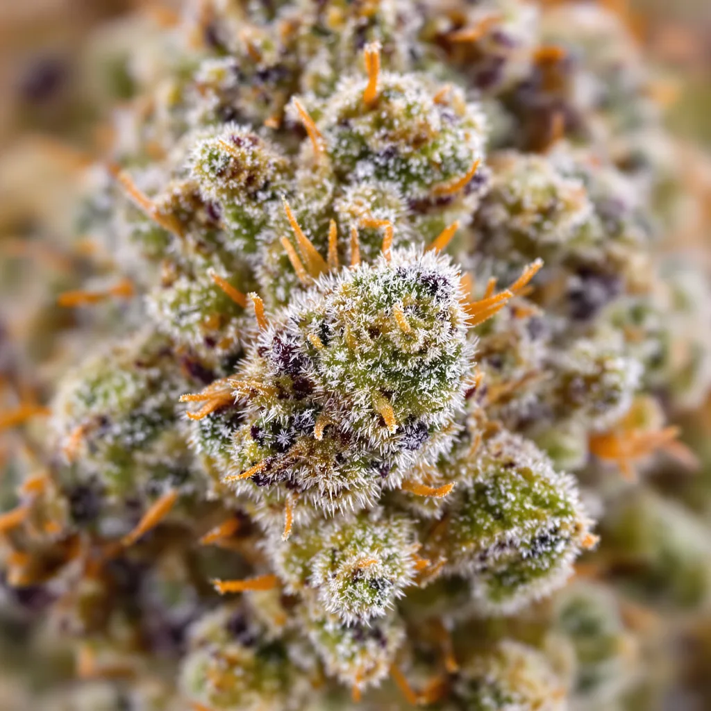 Tropicana Cookies cannabis bud close-up showing open-bud structure with orange pistils