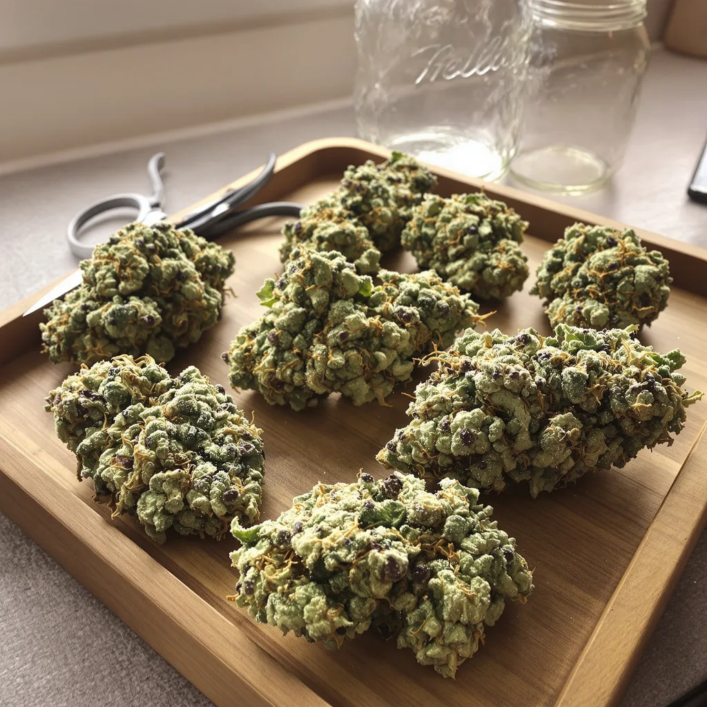 White Kryptonite 52% indica / 48% sativa flower with visible trichomes