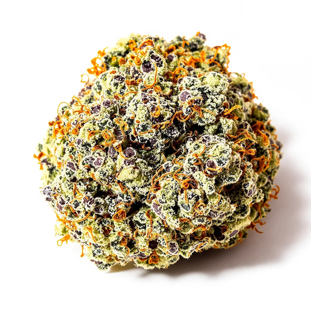 White Kryptonite 52% indica / 48% sativa flower with visible trichomes