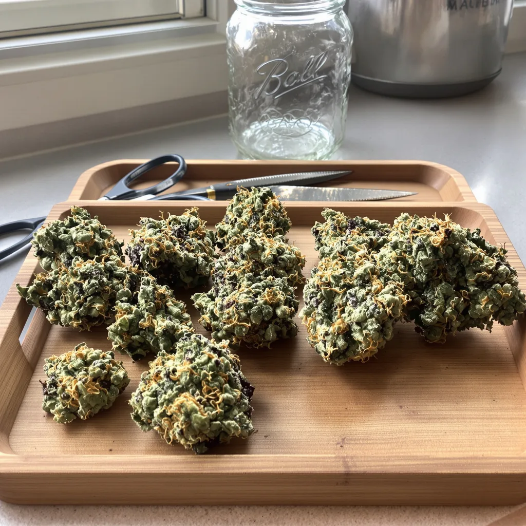 White Rhino 100% indica / 50% sativa flower with visible trichomes