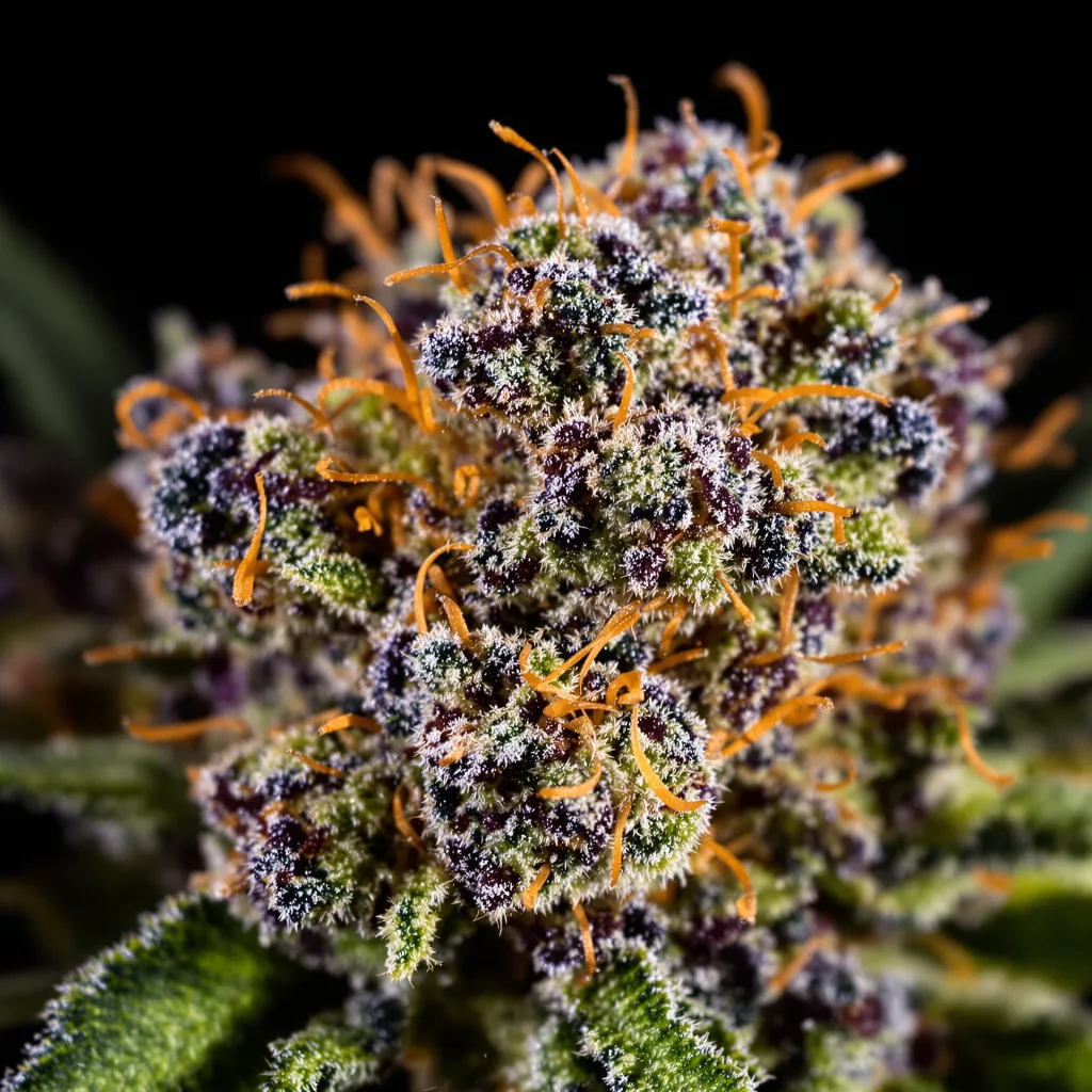 XXX OG cannabis bud close-up showing dense purple-tinged calyxes