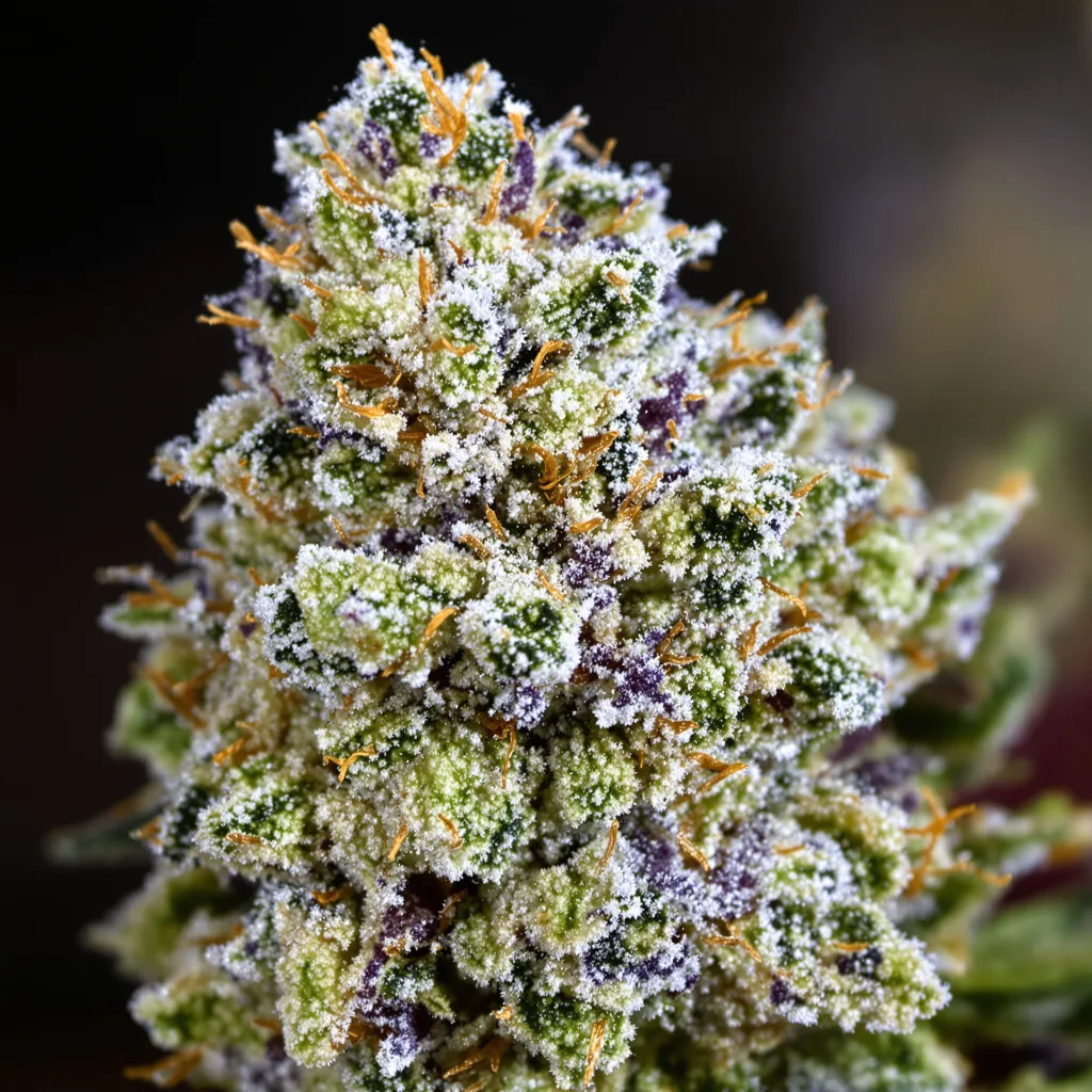 Yoda OG cannabis bud close-up showing open-bud structure with orange pistils